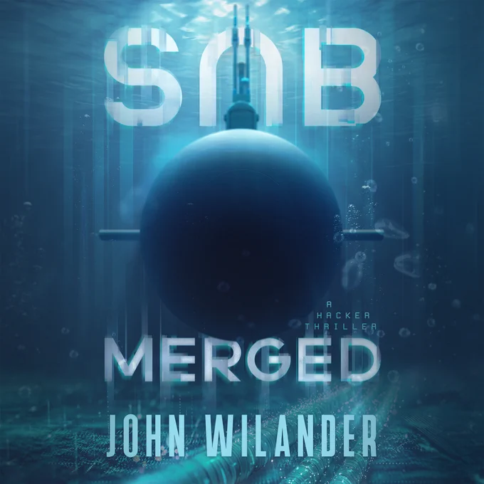 The audiobook cover of "Submerged" with the nose of a submarine pointing directly at the viewer. The title is split into SUB above the submarine and MERGED under, and the U in SUB is upside down. The color scheme is dark blue and teal with an underwater feel. Light is coming in from the water surface above. Subsea cables lie on the ocean floor.