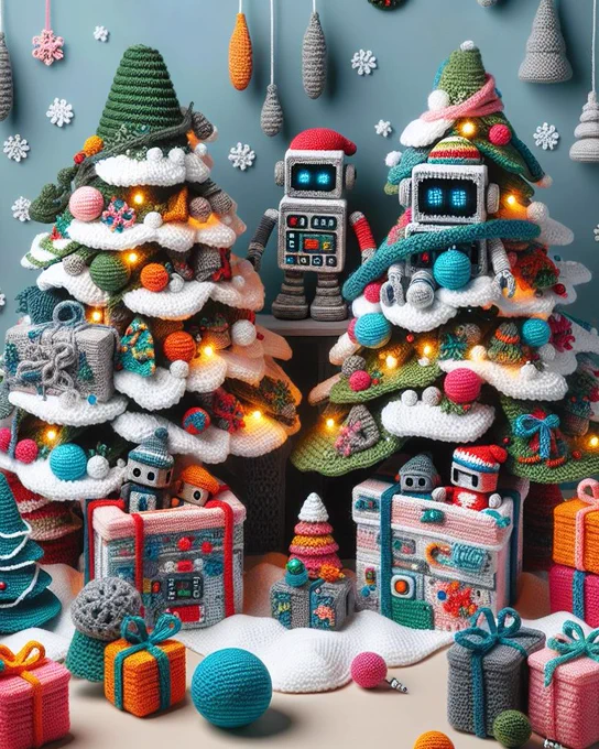 Bunte gehäkelte Weihnachtsszene mit zwei Garn-Weihnachtsbäumen, die mit Lichtern geschmückt sind, kleinen gehäkelten Robotern, Geschenken und Schneeflocken in einer gemütlichen, festlichen Umgebung.