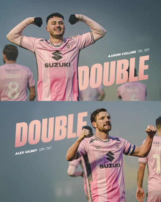 Alex Gilbey and Aaron Collins both celebrating there braces against Harrogate Town