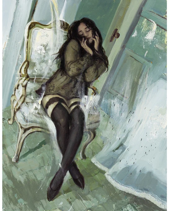 A figurative painting of a seated woman reclining in a chair, surrounded by expressive teal and green brushstrokes. Artwork by Nadezda using oil on panel. Posted by Abend Gallery in Denver, Colorado, USA.