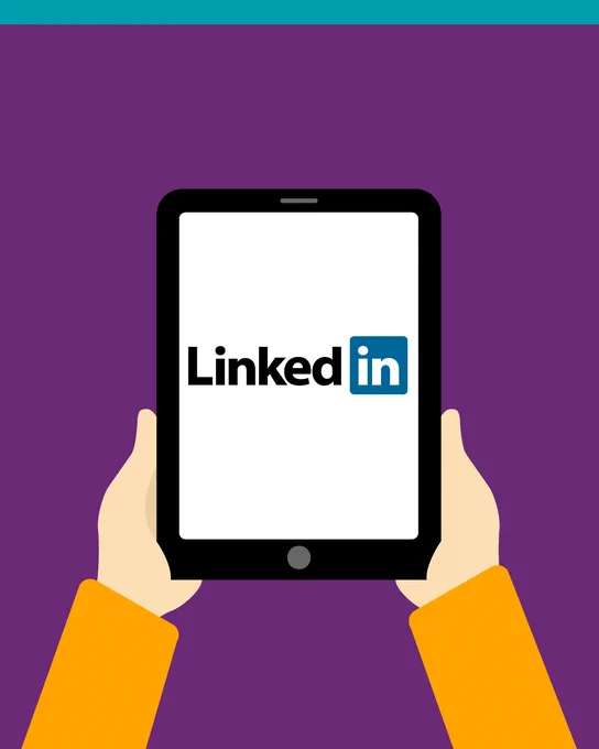 Illustration of person holding a tablet showing the LinkedIn logo.