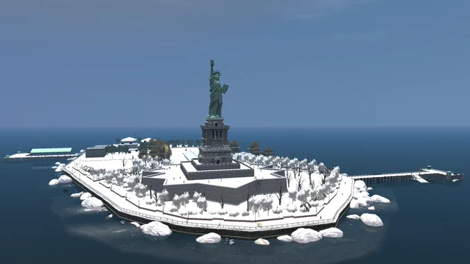 A screenshot from a modified version of Grand Theft Auto IV showing Happiness Island covered in snow. Merry Christmas and Happy Holidays!