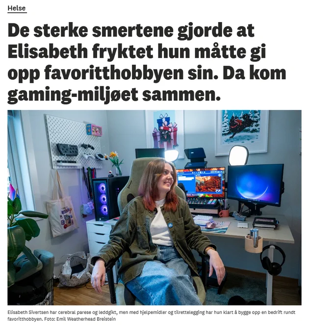 Arevya in a news article, a picture of her smiling and the title roughly translated "The severe pain made Elisabeth fear she would have to give up her favorite hobby. That's when the gaming community came together."