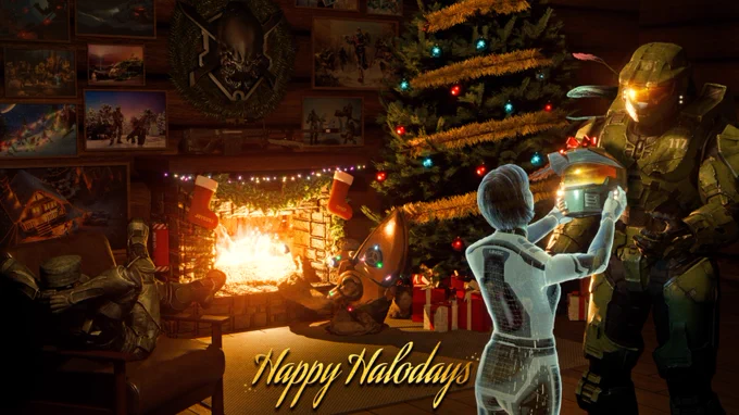 Joy gifting Master Chief a helmet while Johnson relaxes in front of the crackling fire. Virgil is busy trimming the tree while a Grunt sits far too close to the fireplace.
