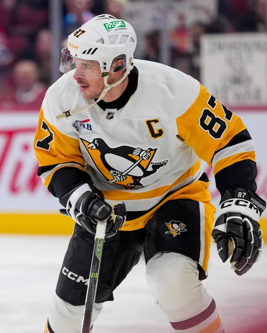 Photo of Sidney Crosby on ice during warmups in a Penguins uniform