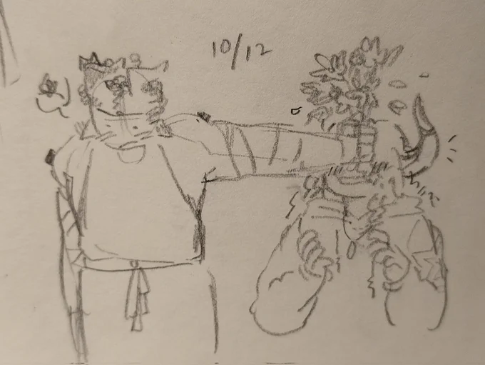 Traditional sketch of Coil and Boombox from PHIGHTING! Coil, flustered, showing a handful of flowers into Boombox's face, conveniently shielding her eyes as well.