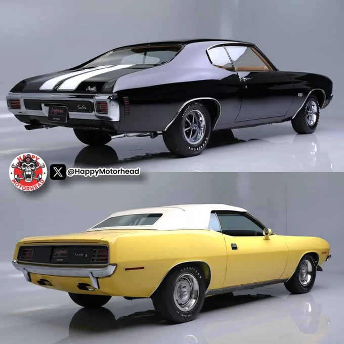 A suitable alternative text description for the image, optimized for accessibility on X.com (concise yet descriptive, under 420 characters), is as follows:

"Composite image featuring two classic 1970 American muscle cars against a neutral studio background. Top: Rear three-quarter view of a black 1970 Chevrolet Chevelle SS with white rally stripes, SS badges, and chrome rally wheels. Bottom: Rear three-quarter view of a bright yellow 1970 Plymouth 'Cuda with white vinyl top and matching rally wheels. Both cars display period-correct Goodyear Polyglas tires and dual exhausts. Overlay includes @HappyMotorhead logo and handle."

This description accurately conveys the visual content, layout, key details, and branding elements while remaining clear and informative for screen readers.