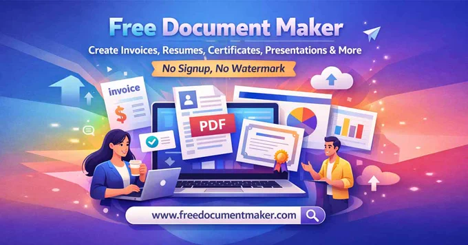 Illustration showing Free Document Maker creating invoices, resumes, certificates, presentations, and PDFs online with no signup and no watermark.
