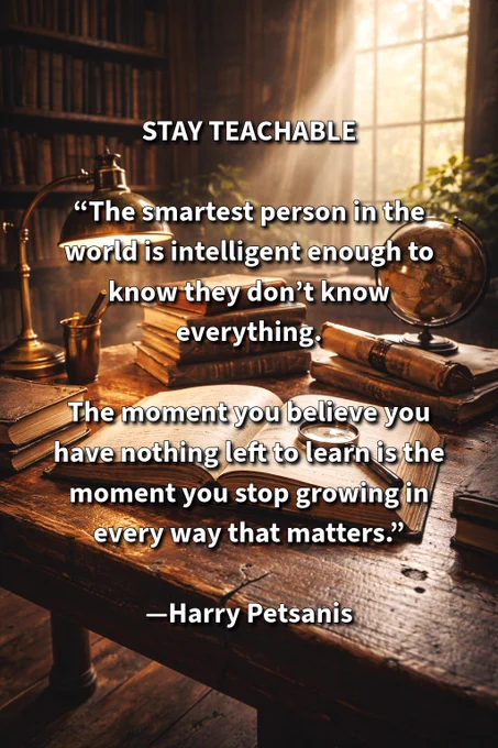 STAY TEACHABLE

“The smartest person in the world is intelligent enough to know they don’t know everything.

The moment you believe you have nothing left to learn is the moment you stop growing in every way that matters.”

—Harry Petsanis

#GrowthMindset
#IntellectualHumility
#LifelongLearning
#AccountabilityCoaching

“Stay Teachable” by Harry Petsanis, Accountability Coaching