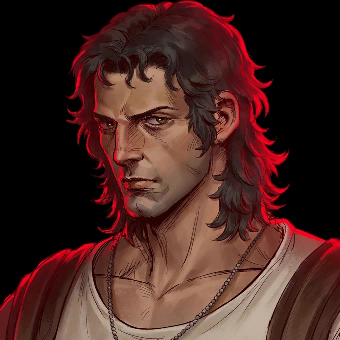 Ilustração de Jonas Aguiar, de Hexatombe. Aguiar é um homem branco, de cabelos médios pretos, olhos verdes e uma expressão séria. O personagem veste uma regata branca e um colar prateado.