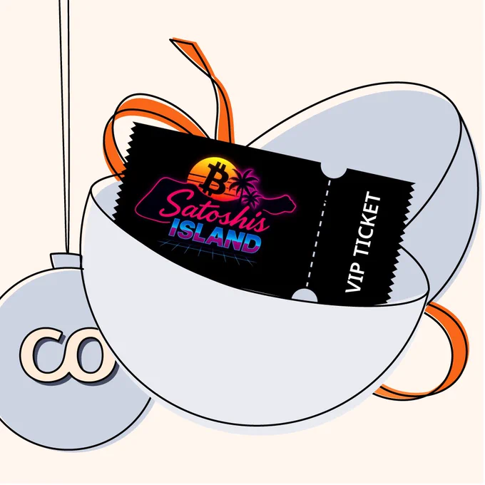 White gift capsule opened to reveal a black VIP ticket labeled "Satoshi's Island" with neon sunset, palm trees and a Bitcoin logo.