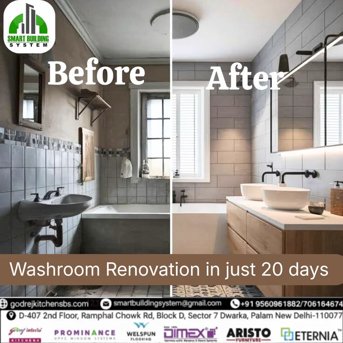 Transform your old washroom into a modern space ✨
Expert washroom renovation completed in just 20 days.
Quality work. Smart design. Hassle-free execution.

📞 Contact us today to get started!
.
.
Contact us for more details:🤗
📞 𝟗𝟏 𝟗𝟓𝟔𝟎𝟗𝟔𝟏𝟔𝟖𝟐/𝟕𝟎𝟔𝟏𝟔𝟒𝟔𝟕𝟔𝟒
🌐𝐠𝐨𝐝𝐫𝐞𝐣𝐤𝐢𝐭𝐜𝐡𝐞𝐧𝐬𝐛𝐬.𝐜𝐨𝐦
📧𝐬𝐦𝐚𝐫𝐭𝐛𝐮𝐢𝐥𝐝𝐢𝐧𝐠𝐬𝐲𝐬𝐭𝐞𝐦@𝐠𝐦𝐚𝐢𝐥.𝐜𝐨𝐦
📍𝐃-𝟒𝟎𝟕 𝟐𝐧𝐝 𝐅𝐥𝐨𝐨𝐫, 𝐑𝐚𝐦𝐩𝐡𝐚𝐥 𝐂𝐡𝐨𝐰𝐤 𝐑𝐝, 𝐁𝐥𝐨𝐜𝐤 𝐃, 𝐒𝐞𝐜𝐭𝐨𝐫 𝟕 𝐃𝐰𝐚𝐫𝐤𝐚, 𝐏𝐚𝐥𝐚𝐦 𝐍𝐞𝐰 𝐃𝐞𝐥𝐡𝐢-𝟏𝟏𝟎𝟎𝟕𝟕
.
.
#WashroomRenovation #BathroomMakeover #BeforeAfter #HomeRenovation #InteriorDesignIndia #ModernBathroom #RenovationExperts #SmartBuilding #HomeUpgrade #InteriorGoals
