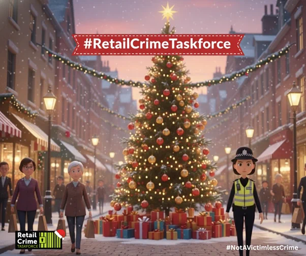 Computer generated image of a decorated Christmas tree in the middle of the street in the centre of a high street. A female police officer in full uniform on the right side. Shoppers with Christmas gifts on the left side. Retail Crime Taskforce logo at the bottom left.