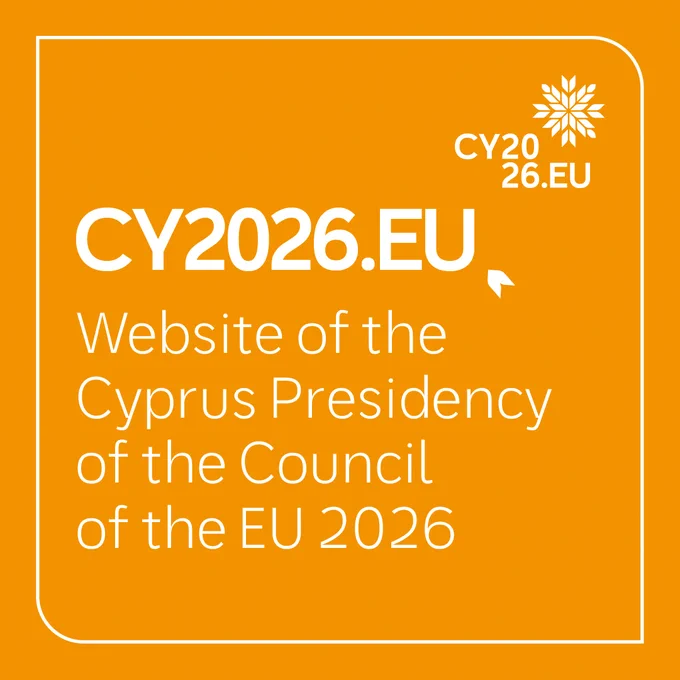 The image displays the text "CY2026.EU - Website of the Cyprus Presidency of the Council of the EU 2026" on an orange background with a white border. A decorative emblem and the text "CY2026.EU" are positioned in the top right corner.