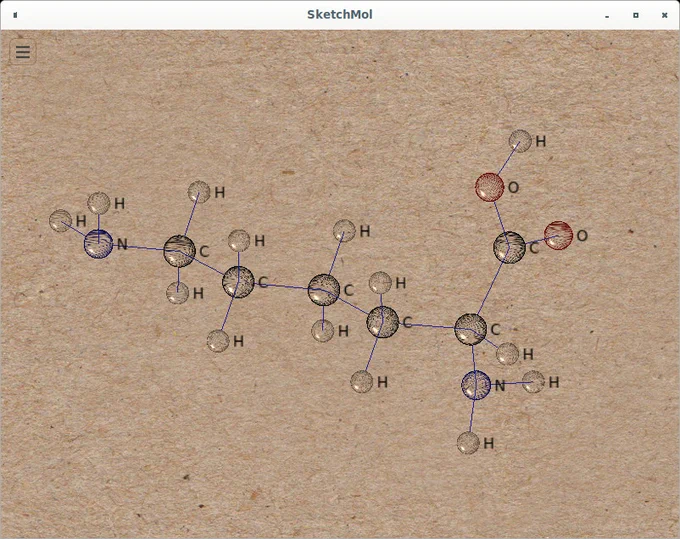 OpenGL "pen-and-ink" real-time molecular viewer; lysine rendered with CPK colors on brown paper.
