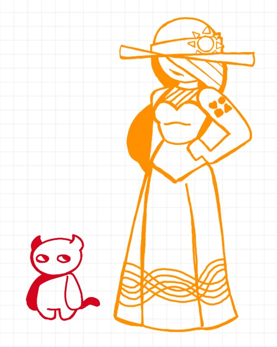 Little red demon from Amnesiac by Bugpesto next to a woman based on Sunset Sandstorm by Crohn44