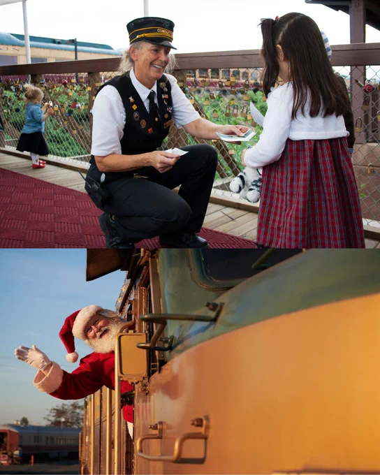 A collage of two images featuring trains: in the top image, a smiling train conductor in uniform interacts with a child on a station platform; in the bottom image, a person dressed as Santa Claus waves from the cab of a moving train.