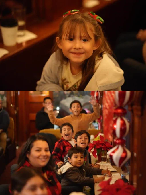 Top image shows a smiling child with hair clips looking at the camera. Bottom image features a group of joyful individuals onboard the Polar Express, enjoying festive decorations and each other's company.