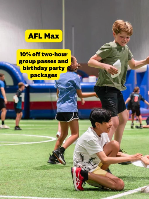 Children enjoying activities at AFL Max, with a promotional offer of 10% off on two-hour group passes and birthday party packages.