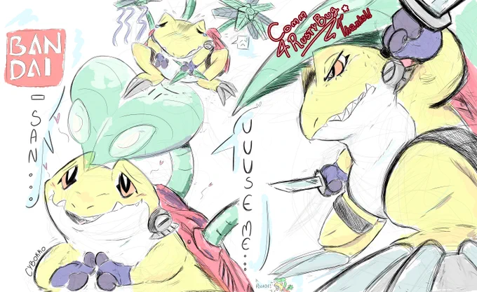 A digital doodle featuring Frogmon, a yellow frog Digimon with a red mechanical equipment on its back, which carries a large green leaf in its middle and two propellers also made of leaves.

There are three distinct situations being presented here:

At the top left, Frogmon is sitting on his legs in a very classic "frog" position, drawing a sad face on the ground using one of its shurikens, while also showing a sad expression. There are small teardrops coming from his eyes.

At the bottom left, Frogmon is very close to the camera, making a cute expression, as if asking for something, while its front paws gesture by touching the index fingers together. Speech bubbles come from him, read from left to right:
"Bandai-san... Uuuse me..."
Right below, an emote of Frogmon expresses a loud "Please!"

In the doodle on the right, Frogmon is in an attack pose, holding two knives, showing his teeth. He is very angry!