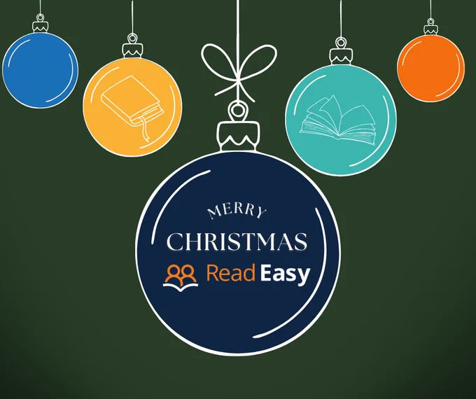 Christmas ornaments in blue, orange, and teal with book icons and a central navy bauble reading 'Merry Christmas Read Easy' on a dark green background.