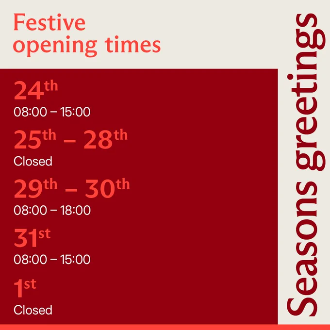 A red graphic showing the DDU's opening times for membership queries over the festive season.

24th December: 8:00 - 15:00
25th - 28th December: Closed
29th - 30th December: 8:00 - 18:00
31st December: 8:00 - 15:00
1st January: Closed