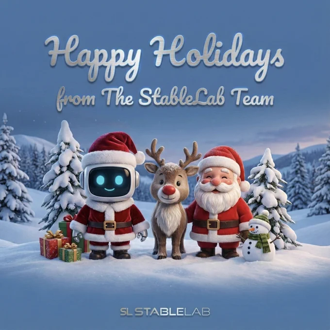 Festive robot in Santa suit, smiling reindeer, and jolly Santa stand in snowy pine forest with gifts and a small snowman, holiday greeting vibe