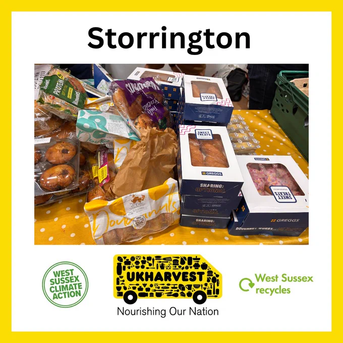 Yellow frame around an image of rescued food. Underneath the image is the West Sussex Climate Action, UKHarvest and West Sussex Recycles logo

