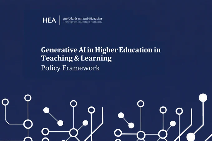 Cover image for an HEA policy document 'Generative AI in Higher Education in Teaching & Learning: Policy Framework', featuring the HEA logo and bilingual name at the top on a dark blue background, with abstract white circuit-style lines and nodes along the bottom representing digital technology.