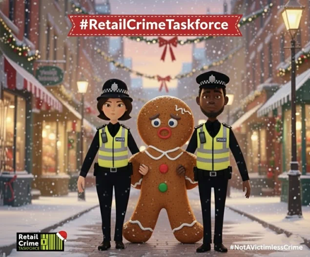 A computer generated image of a gingerbread man arrested by two police officers in the middle of a high street. Christmas decorations displayed in shops and street. Red banner at the top with #RetailCrimeTaskforce Retail Crime logo at the bottom left