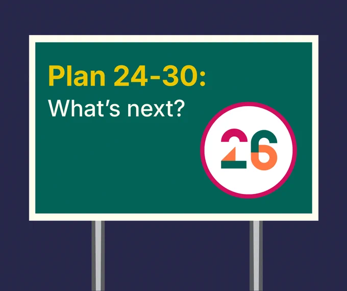 Green road sign with text 'Plan 24-30: What's next?' and a colorful stylised 26 in a white circle representing 2026 on a dark blue background.