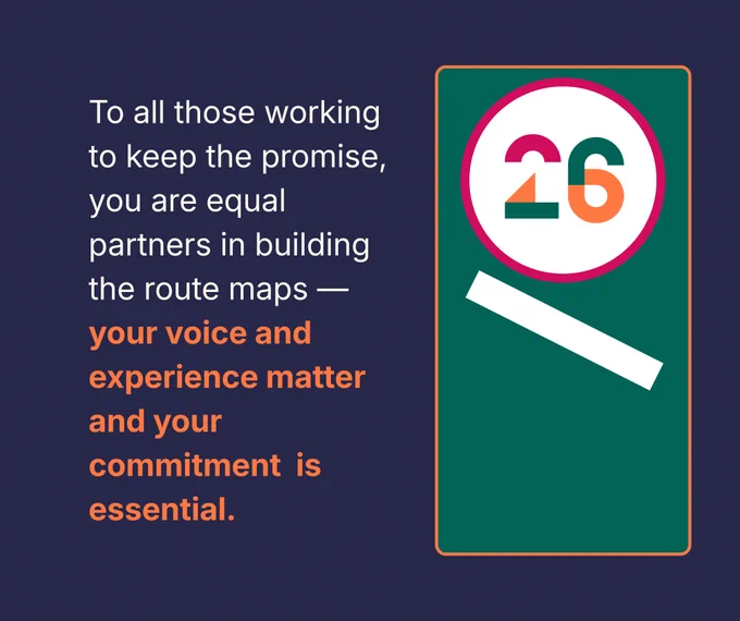 Greed speed sign with the number 26 representing 2026. Text speaks to all those working to keep the promise emphasizing that you are equal partners in building the route maps and your voice and experience matter and your commitment is essential. 