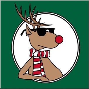 A cartoon reindeer with a red nose, wearing shades and a red and white striped scarf, leaning back looking very chill