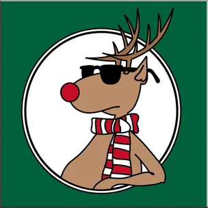 A cartoon reindeer with a red nose, wearing shades and a red and white striped scarf, leaning back looking very chill