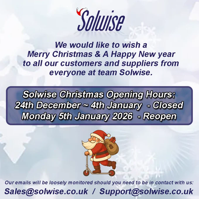 Solwise Christmas opening hours 2025. 
24th December - 4th January - Closed. 
5th January - Reopen.

