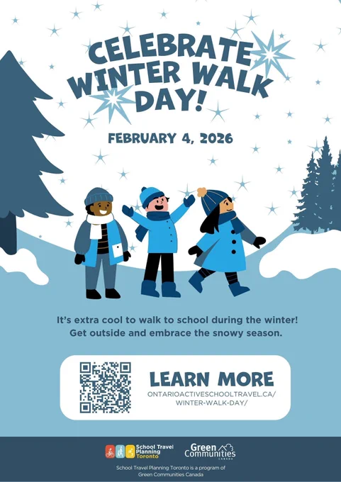 A graphic showing three children who are enjoying the winter. Above them, text reads “Celebrate Winter Walk Day!” At the bottom of the page is the text “Learn More” and a QR code. 