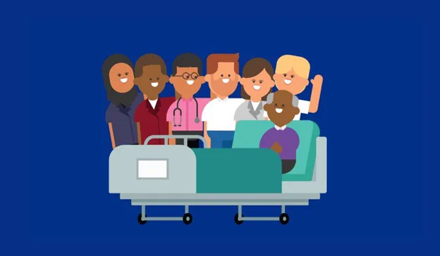 Diverse group of healthcare professionals and a patient smiling together around a hospital bed against a blue background.