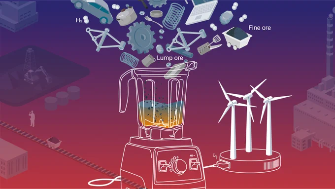 Metallic items like a laptop, a car, a fork and ore, are mixed into a blender. The blender is fueled by wind turbines.