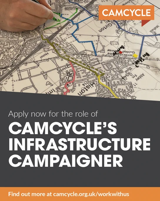 A hand drawing coloured lines on a map of Cambridgeshire. Overlaid is the Camcycle logo and the text: Apply now for the role of Camcycle's Infrastructure Campaigner. Find out more at camcycle.org.uk/workwithus