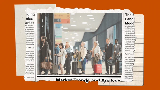 A group of diverse travelers stands in line at an airport terminal, each with luggage. The background features bright lights and signs, creating a busy atmosphere. Overlaying the image are torn newspaper clippings discussing market trends and analysis.