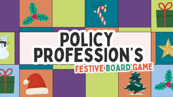 Colorful festive board game cover titled 'Policy Profession's Festive Board Game' with holiday icons like holly, candy cane, and Christmas tree.