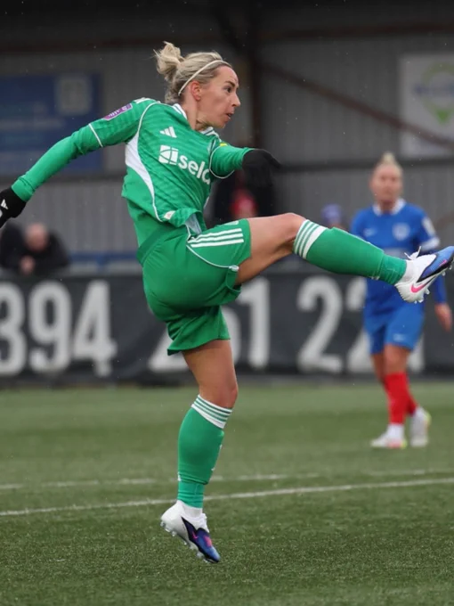 Nobbs after striking the ball for her goal at Portsmouth.