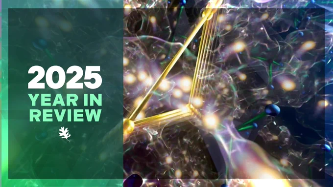 A graphical representation of lithium ions (glowing orbs) move through a diffusion gate (gold triangle) in a solid-state electrolyte. A green overlay on the left side of the image has text that reads '2025 Year in Review'
