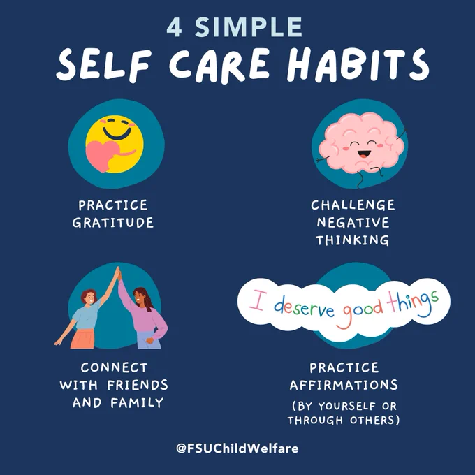 4 simple self care habits

1. Practice gratitude
2. Challenge negative thinking
3. Connect with friends and family
4. Practice affirmations (By yourself or through others)