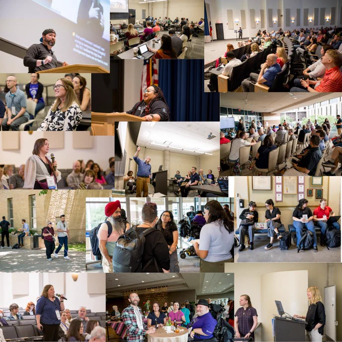 A photo collage of a diverse group of people attending a conference, featuring presenters at podiums, audience members, and networking in common areas.
