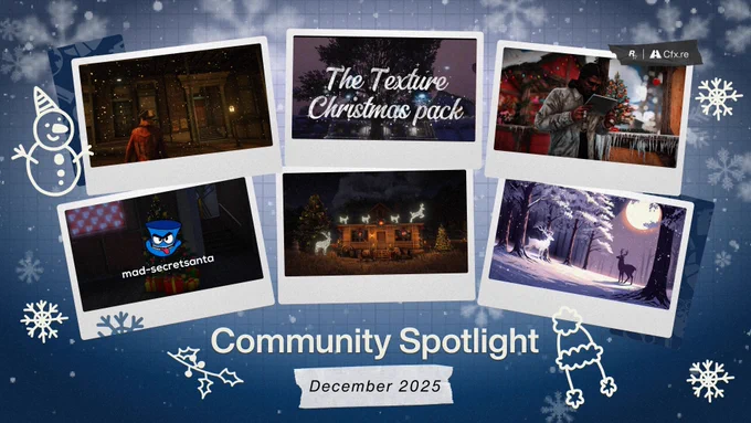 Rockstar Games and Cfx.re Community Spotlight poster with six images featuring various scenes from GTAV and Red Dead Redemption 2. Text reads: "Community Spotlight. December 2025"