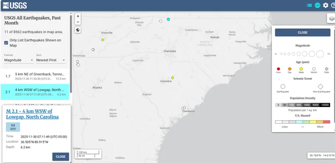 A map of Georgia, North and South Carolina showing locations of earthquakes during November 2025.