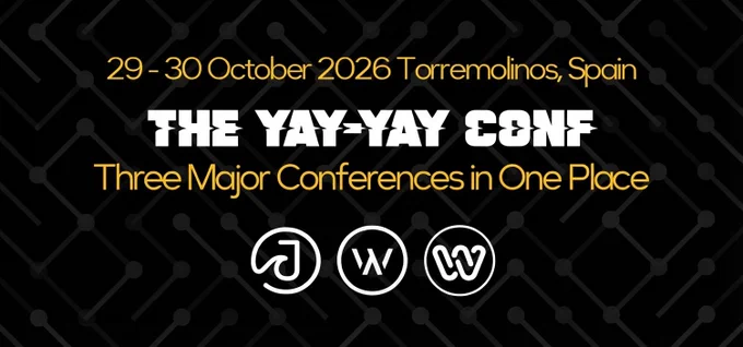A banner stating the dates of the event 29-30 October 2026 in Torremolinos, Spain. 3 conferences in one place. Logos of J on The Beach, Wey Wey Web and Lambda World.