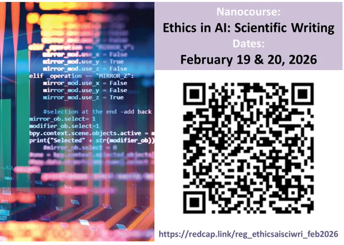 The Ethics in AI: Scientific Writing workshop is scheduled for February 19 and 20. QR code leading to the registration link is shown.