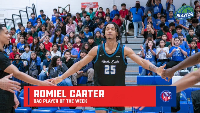 Dallas College North Lake men's basketball's Romiel Carter slaps hands with teammates as he's introduced as a starter. Carter won the final Dallas Athletic Conference Player of the Week of 2025. 